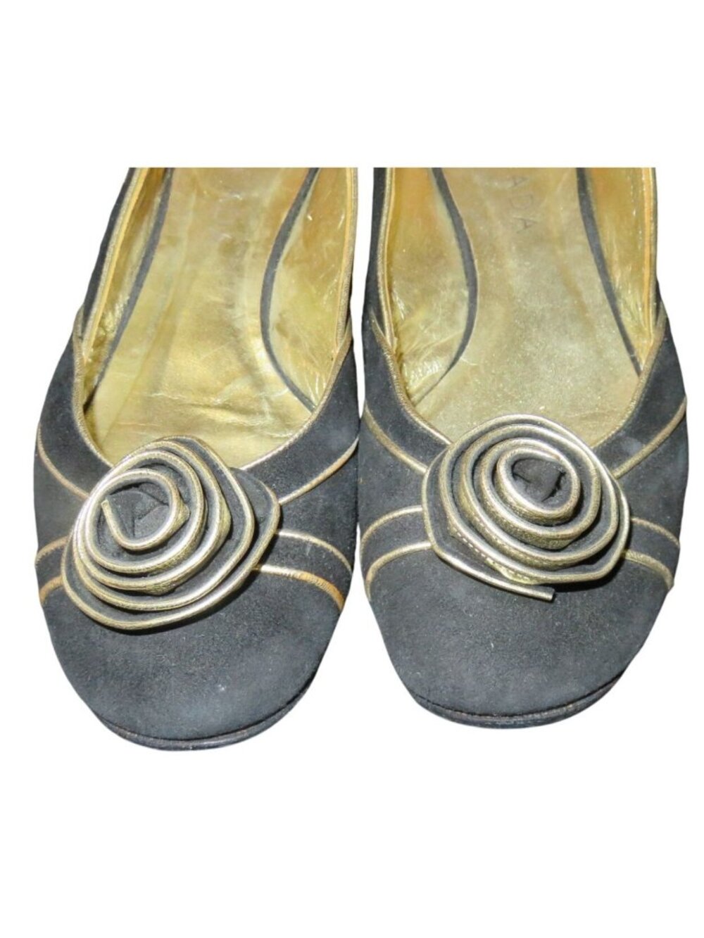 Escada Vintage Black Italian Suede Leather Gold Cone Embellished flats 38 or 8 - Picture 2 of 9